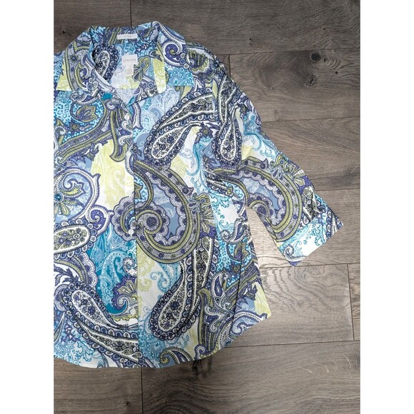 Chicos Shirt Sz 2 L Paisley Button Front 3/4 Sleeve Lightweight Cotton - Picture 2 of 4